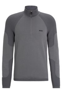 Cotton-blend zip-neck sweater with logo detail, Grey