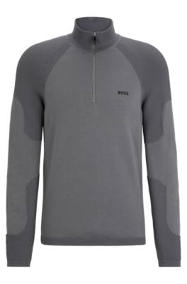 Hugo Boss Cotton-blend Zip-neck Sweater With Logo Detail In Gray