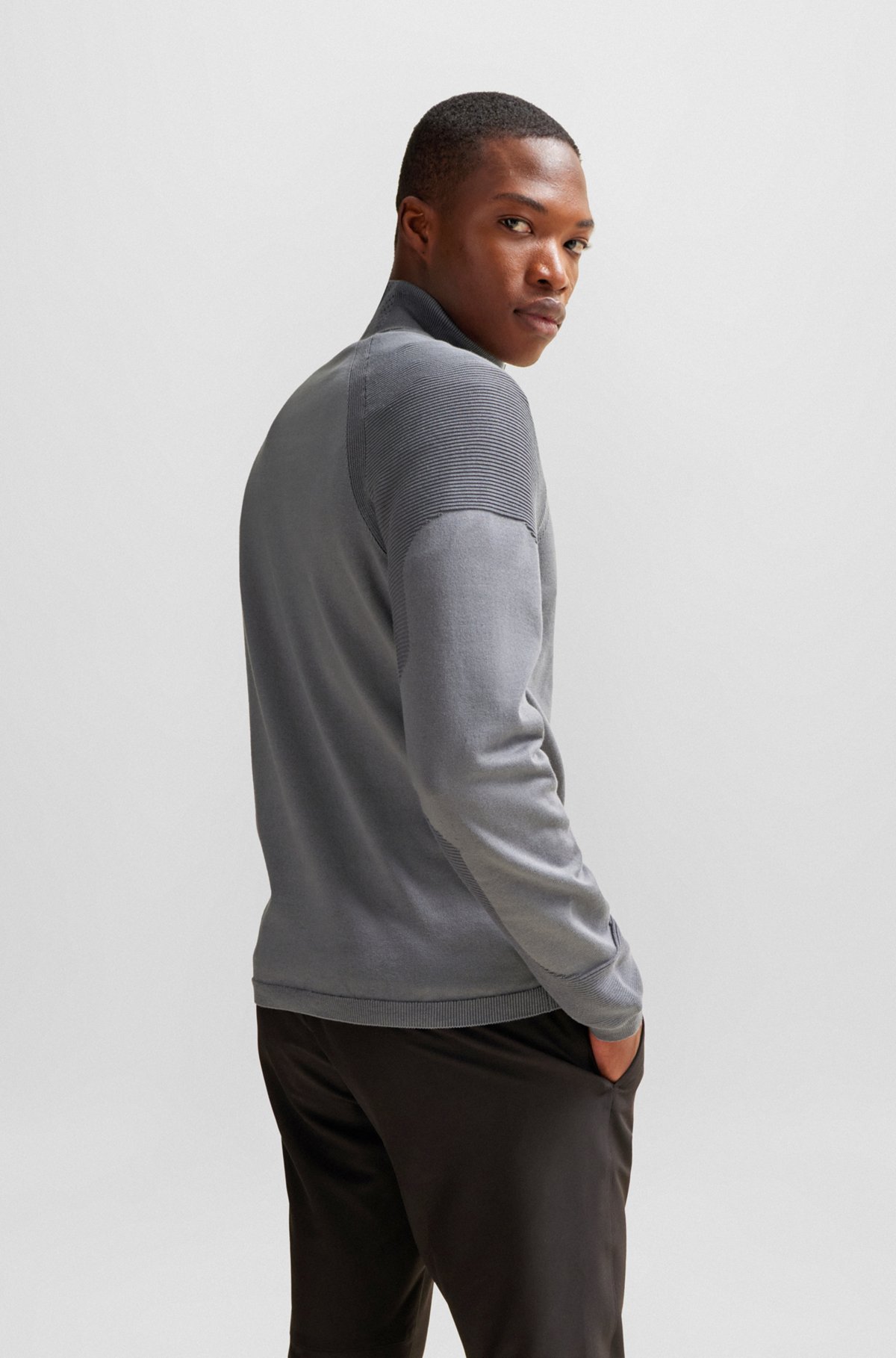 Cotton-blend zip-neck sweater with logo detail, Grey