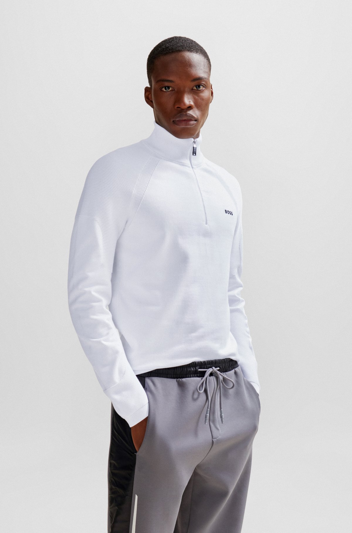 Cotton-blend zip-neck sweater with logo detail, White