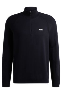 BOSS Cotton blend zip neck sweater with logo detail