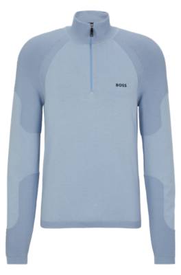 Hugo Boss Cotton-blend Zip-neck Sweater With Logo Detail In Blue