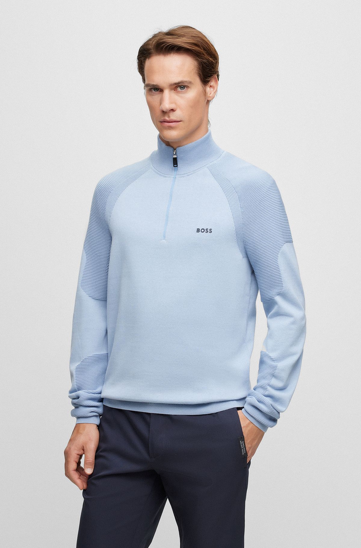 Cotton-blend zip-neck sweater with logo detail, Light Blue