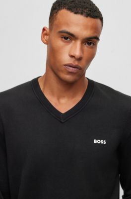 BOSS - Cotton-blend V-neck sweater with logo print