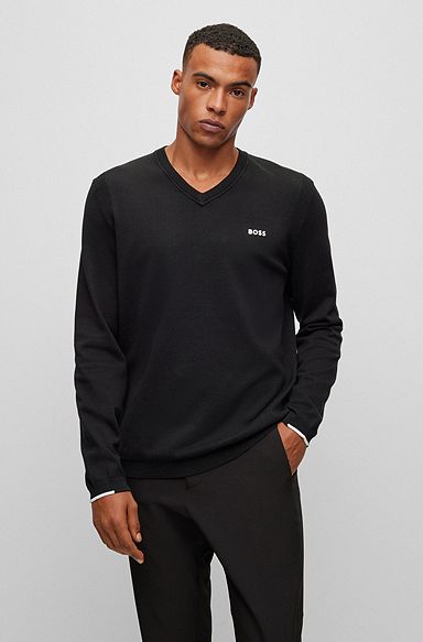 Cotton-blend V-neck sweater with logo print, Black
