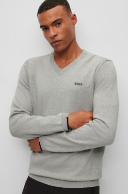 BOSS - Cotton-blend V-neck sweater with logo print