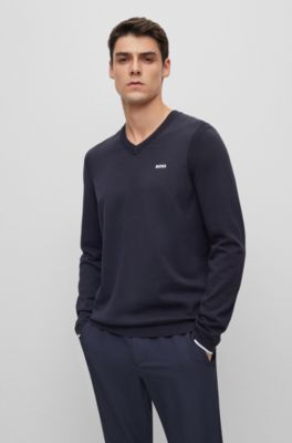 BOSS - Cotton-blend V-neck sweater with logo print