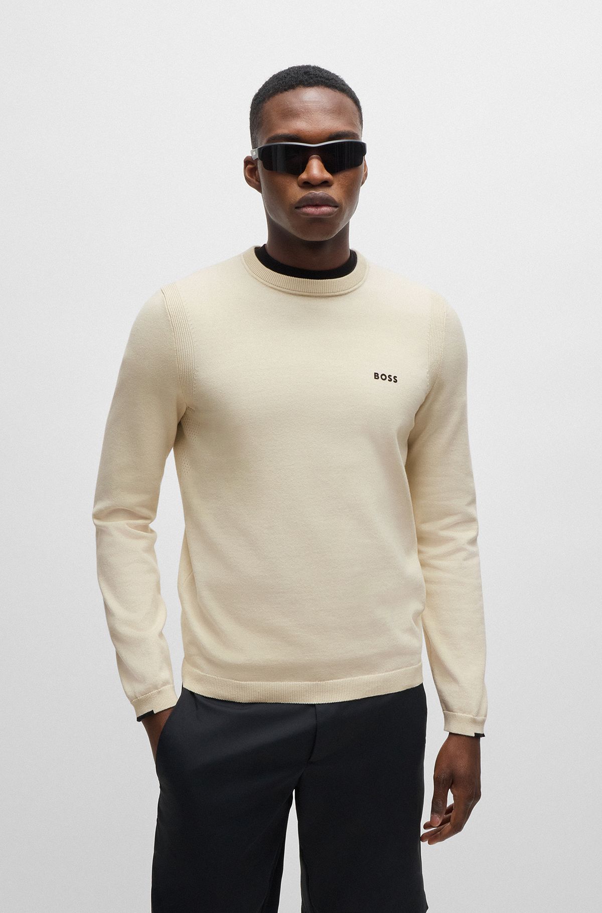 Cotton-blend regular-fit sweater with logo print, Natural