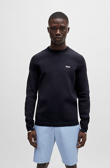Cotton-blend regular-fit sweater with logo print, Dark Blue