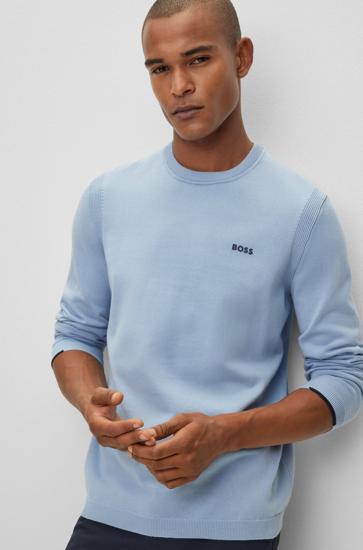 Cotton-blend regular-fit sweater with logo detail, Light Blue