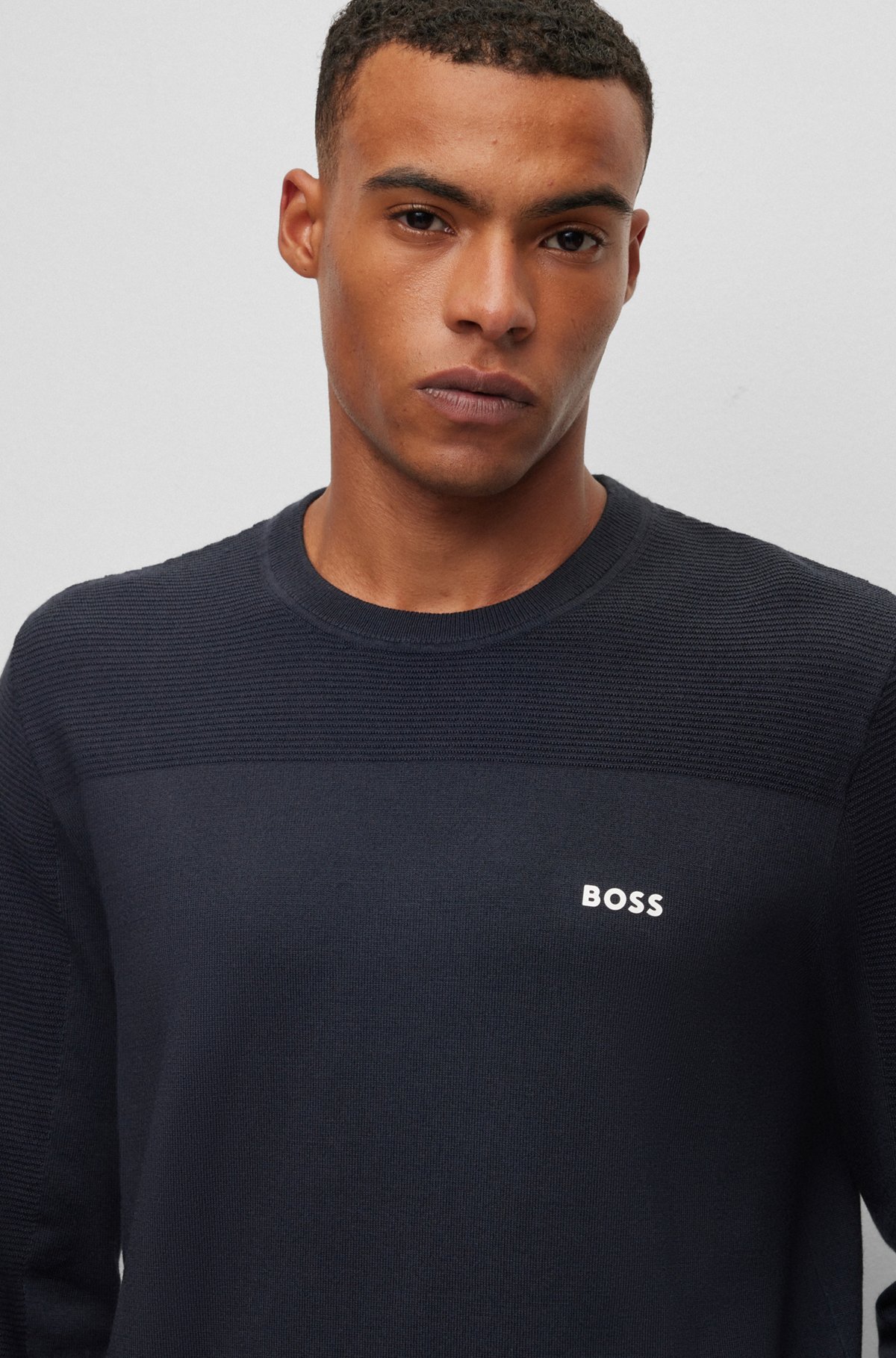 Branded crew-neck sweater in dry-flex fabric, Dark Blue