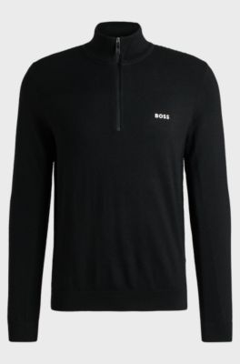 Branded zip-neck sweater in dry-flex fabric, Black