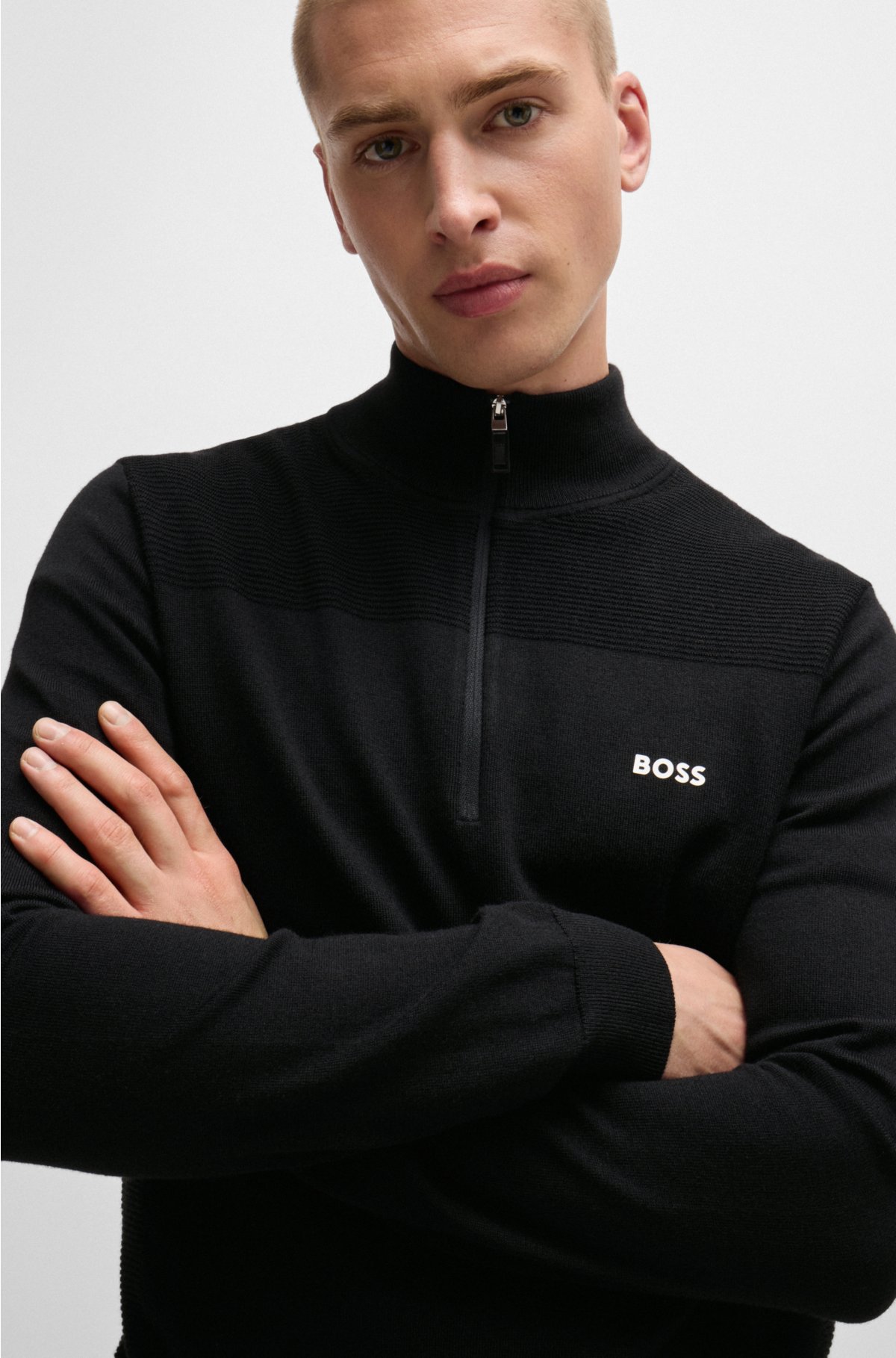 Branded zip-neck sweater in dry-flex fabric, Black