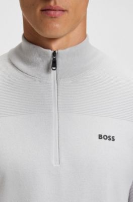 Branded zip-neck sweater in dry-flex fabric, Light Grey