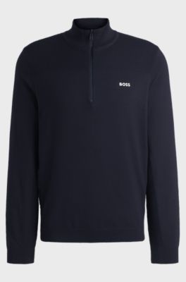 Branded zip-neck sweater in dry-flex fabric, Dark Blue