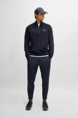 Branded zip-neck sweater in dry-flex fabric, Dark Blue
