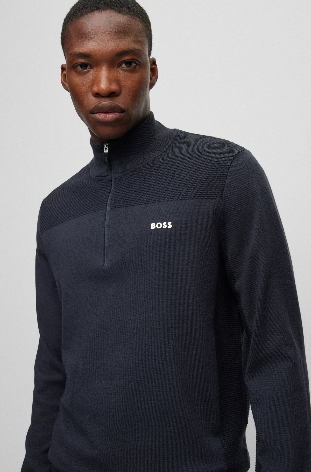 Branded zip-neck sweater in dry-flex fabric, Dark Blue