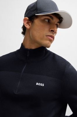 Branded zip-neck sweater in dry-flex fabric, Dark Blue