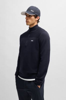 Branded zip-neck sweater in dry-flex fabric, Dark Blue