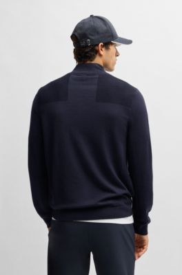 Branded zip-neck sweater in dry-flex fabric, Dark Blue