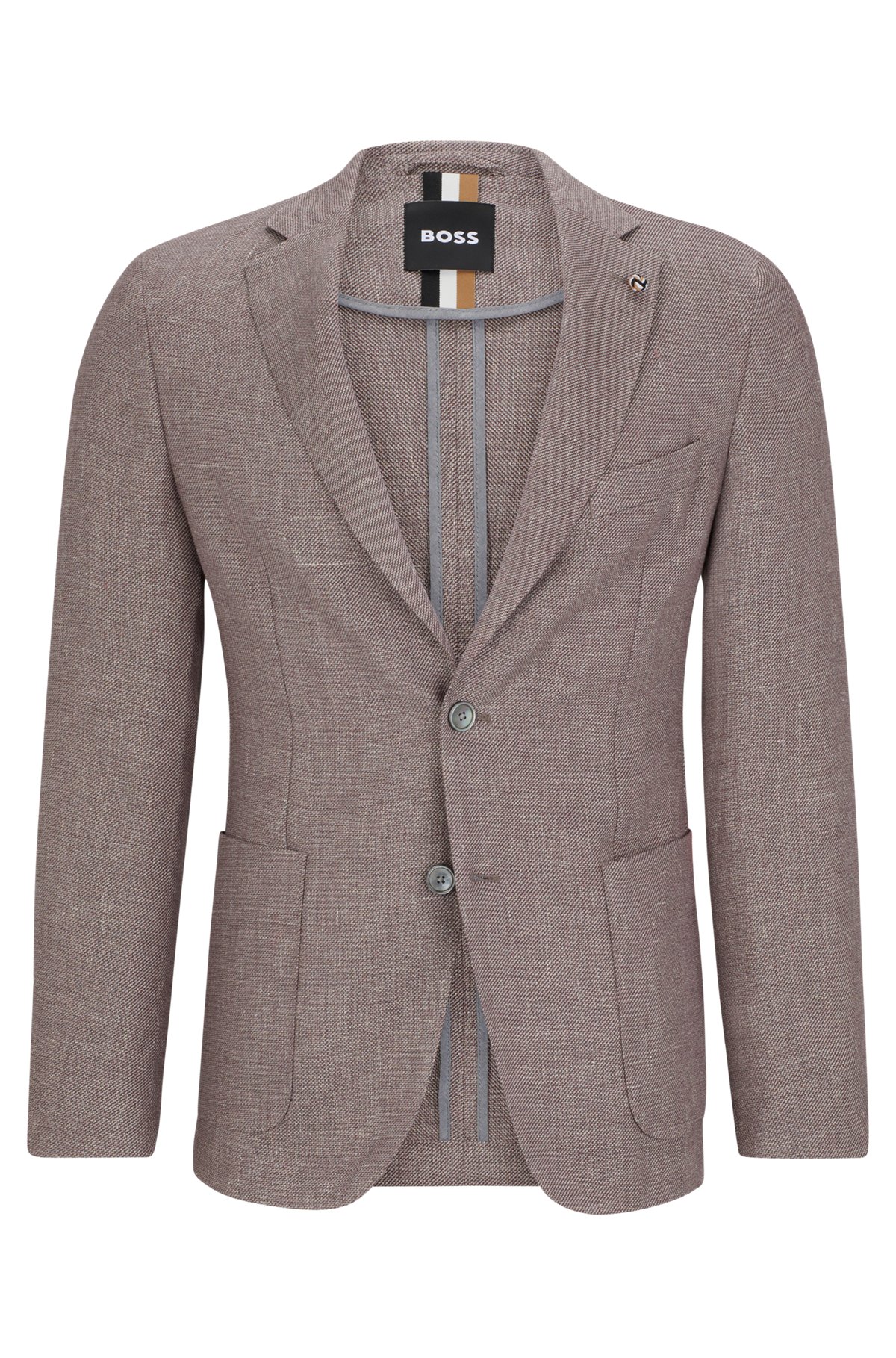 Slim-fit jacket in micro-patterned linen and wool, Light Brown