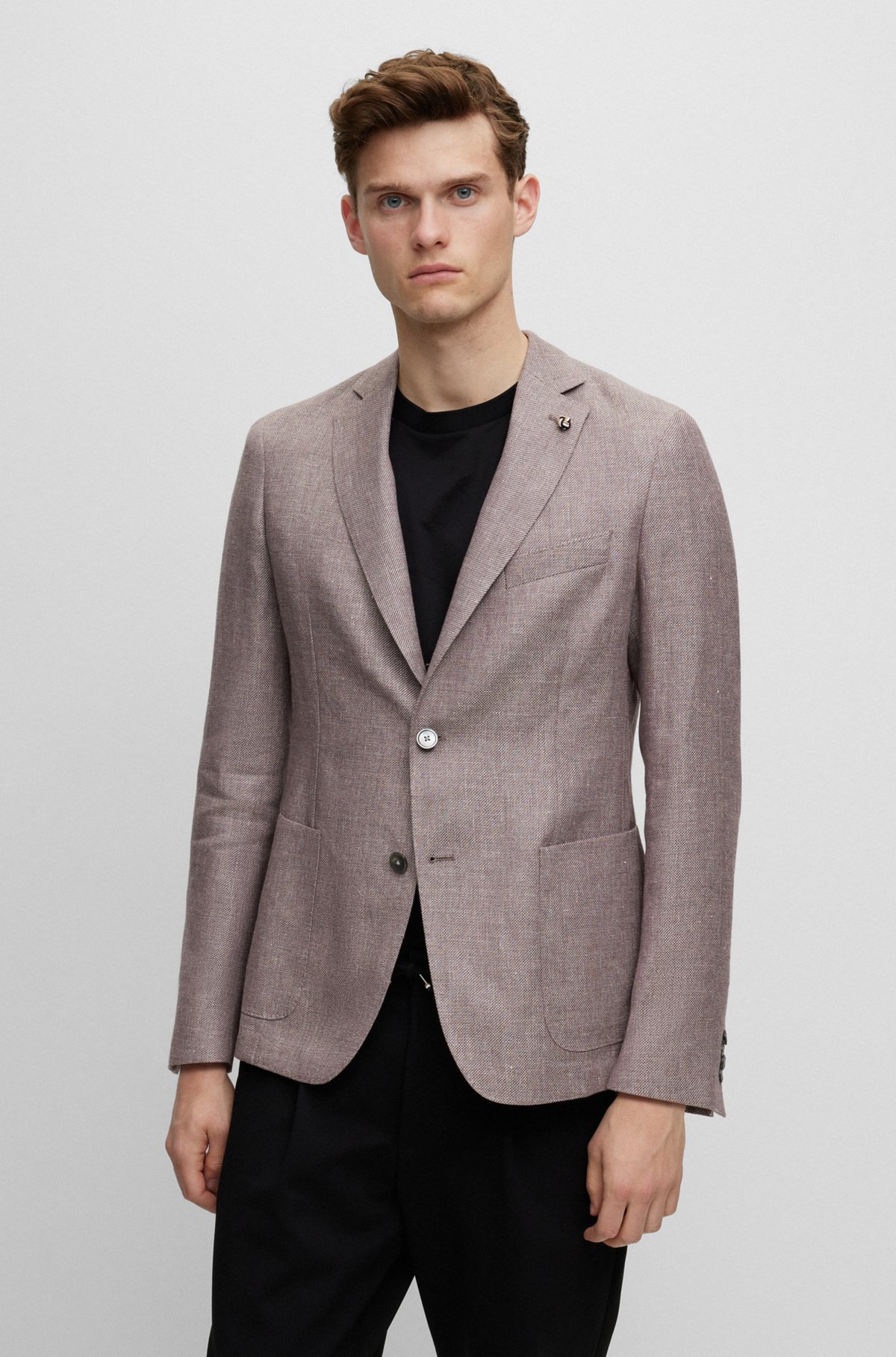 Slim-fit jacket in micro-patterned linen and wool, Light Brown