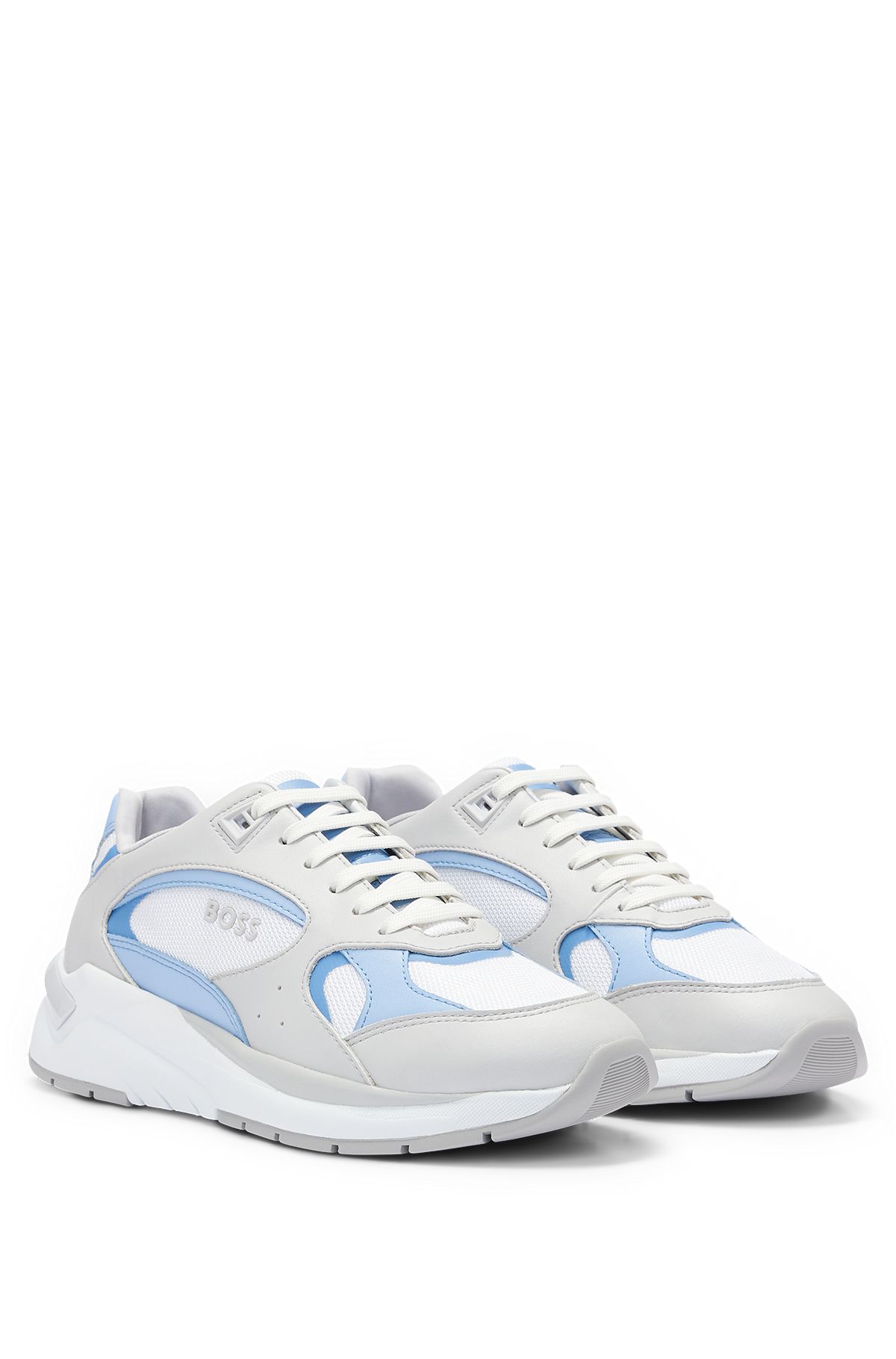 Mixed-material trainers with logos, Light Blue