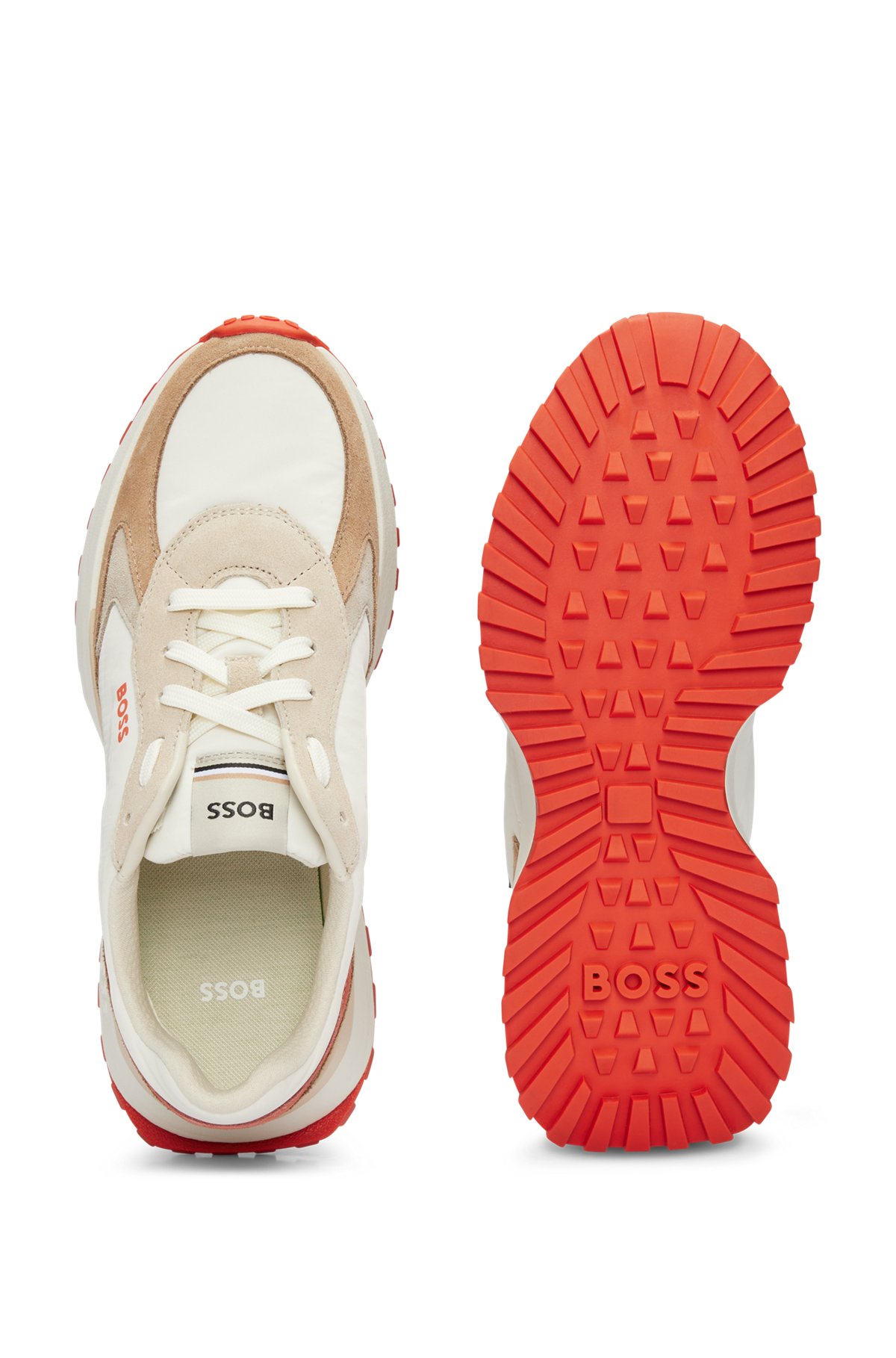 Sneakers in materiali misti con suola di colore acceso, Beige chiaro