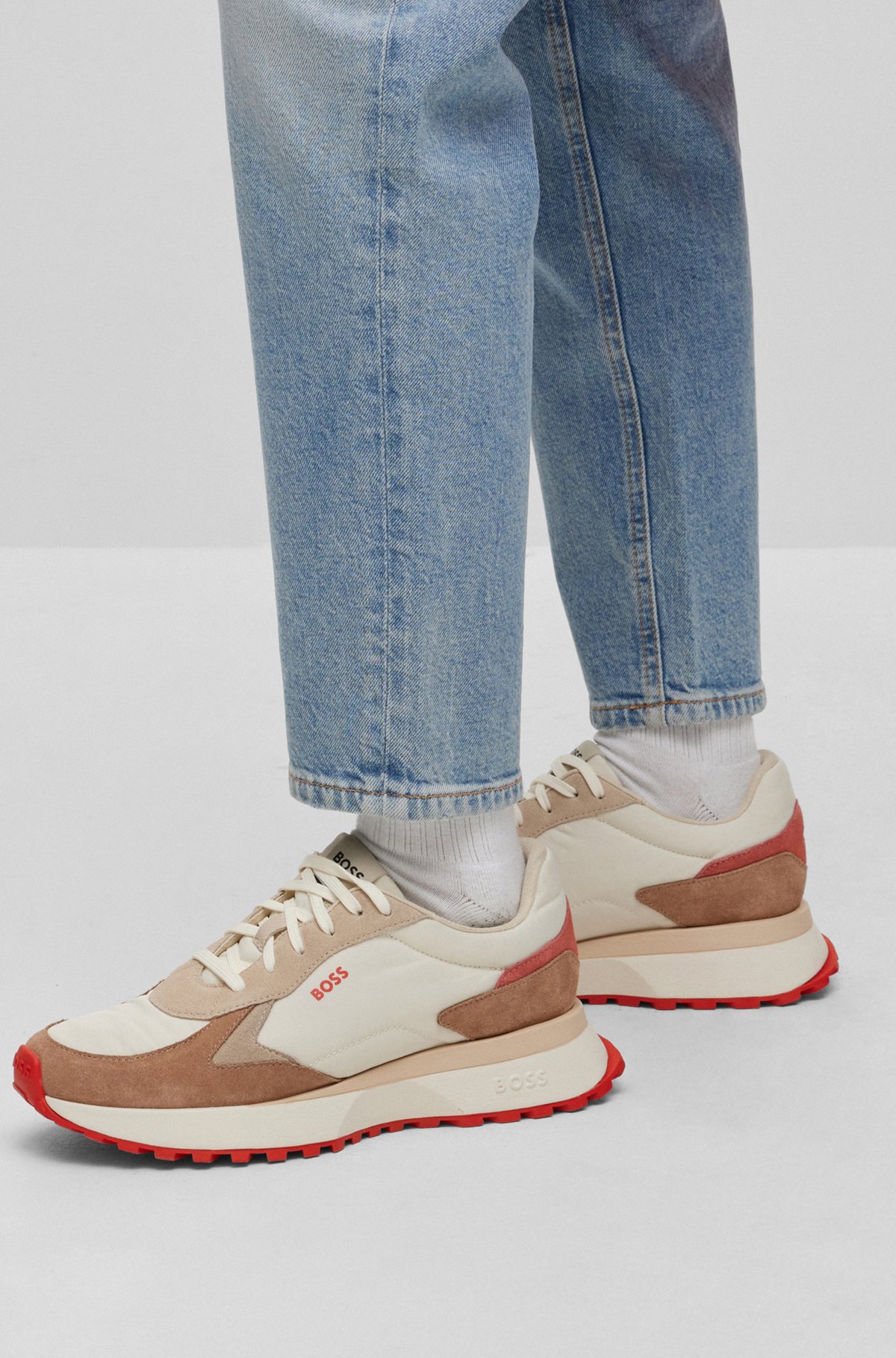 Mixed-material trainers with pop-colour sole, Light Beige