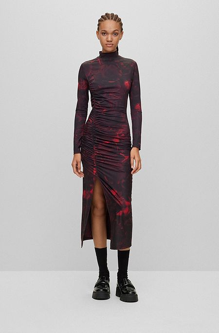 Slim-fit dress with deep front slit, Patterned