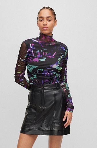 Mock-neck top in printed tulle with gathered details, Patterned
