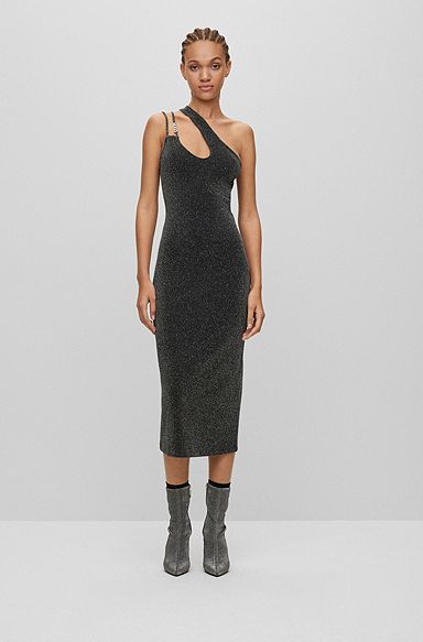 Glittery asymmetric midi dress with logo strap, Black