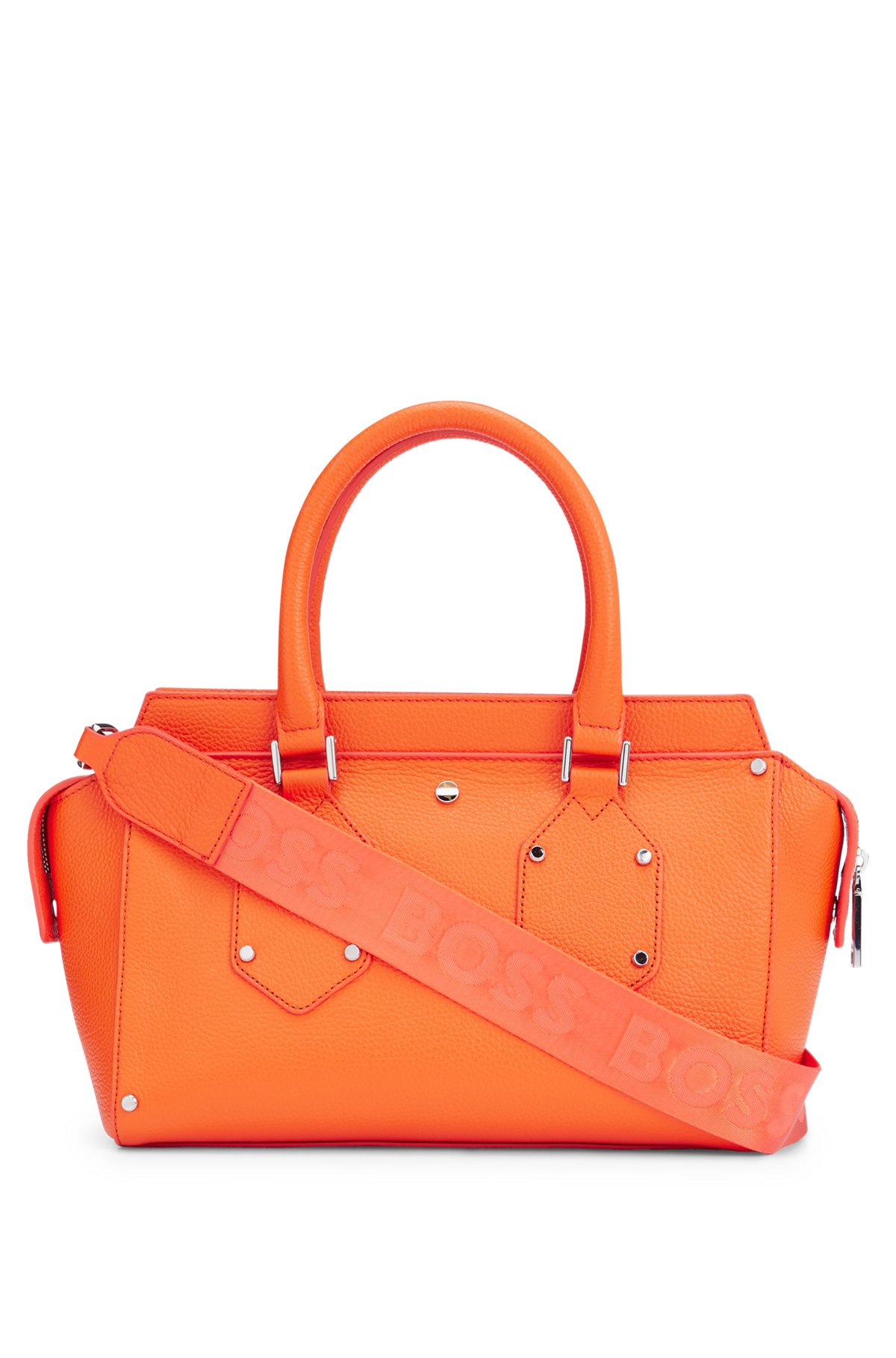Grained-leather tote bag with branded strap, Orange