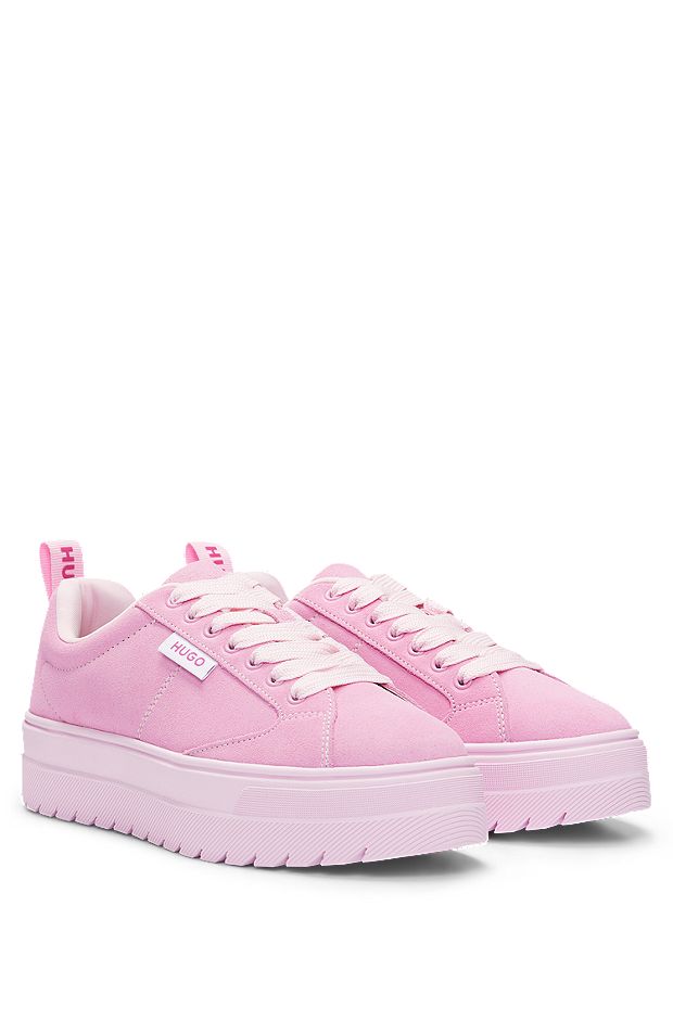 Suede trainers with rubber platform sole and logo flag, Pink