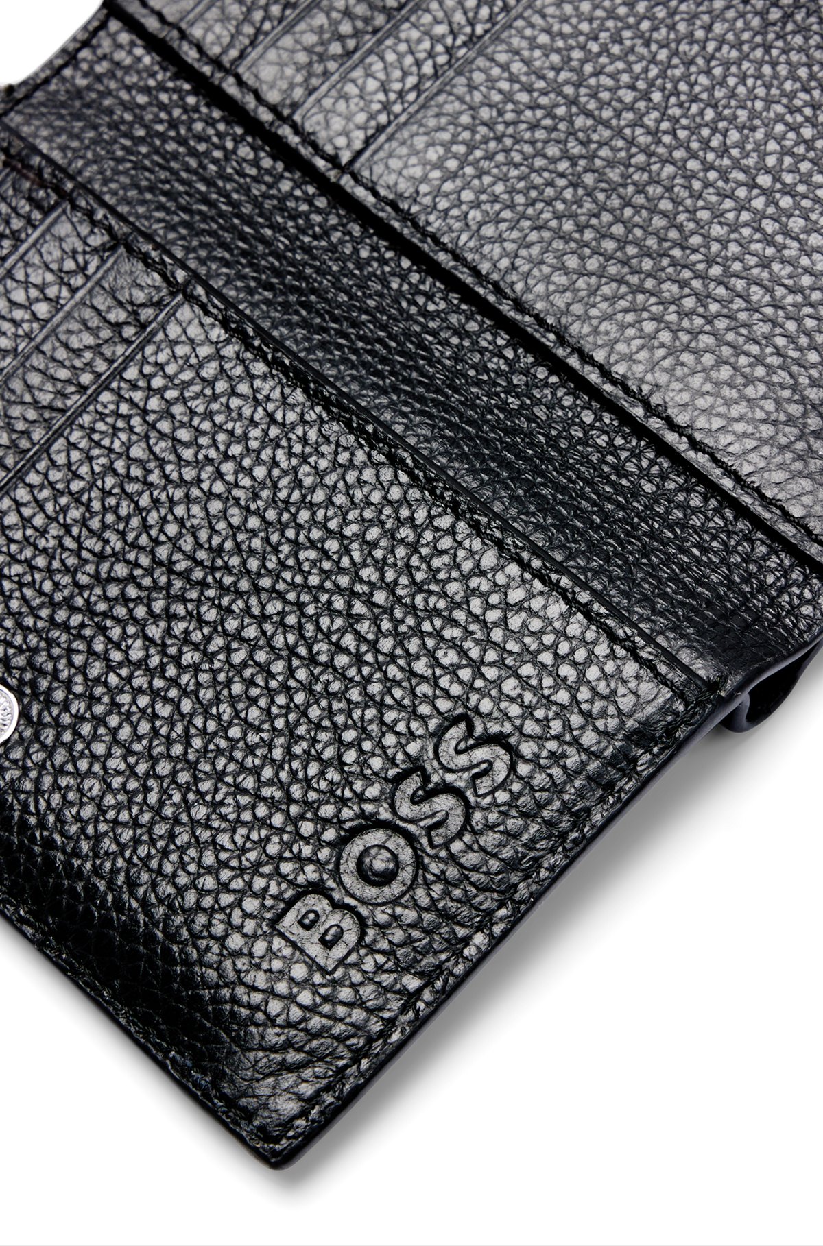 Porte-cartes en cuir grainé avec logo en métal argenté poli, Noir