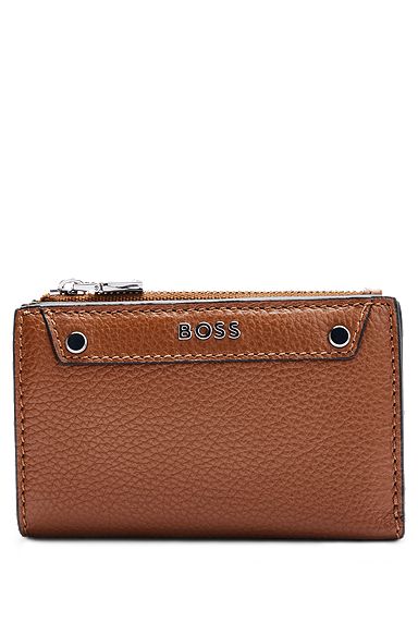 Grained-leather card holder with polished-silver logo lettering, Brown