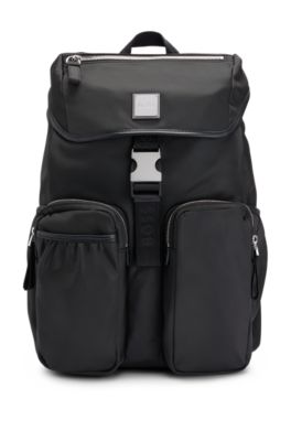 BOSS - Flap-closure backpack in recycled fabric with logo patch