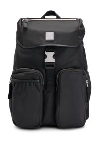 Flap-closure backpack in recycled fabric with logo patch, Black