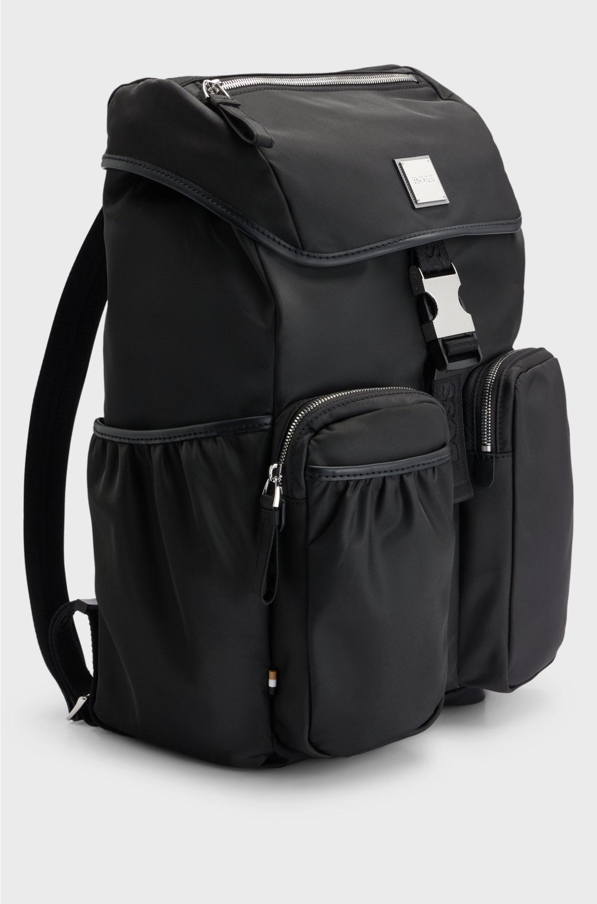 Flap-closure backpack in recycled fabric with logo patch, Black