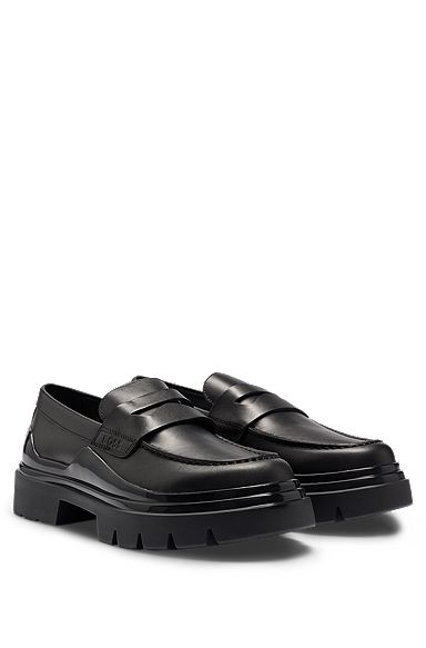 Leather loafers with chunky rubber outsole and removable innersole, Black