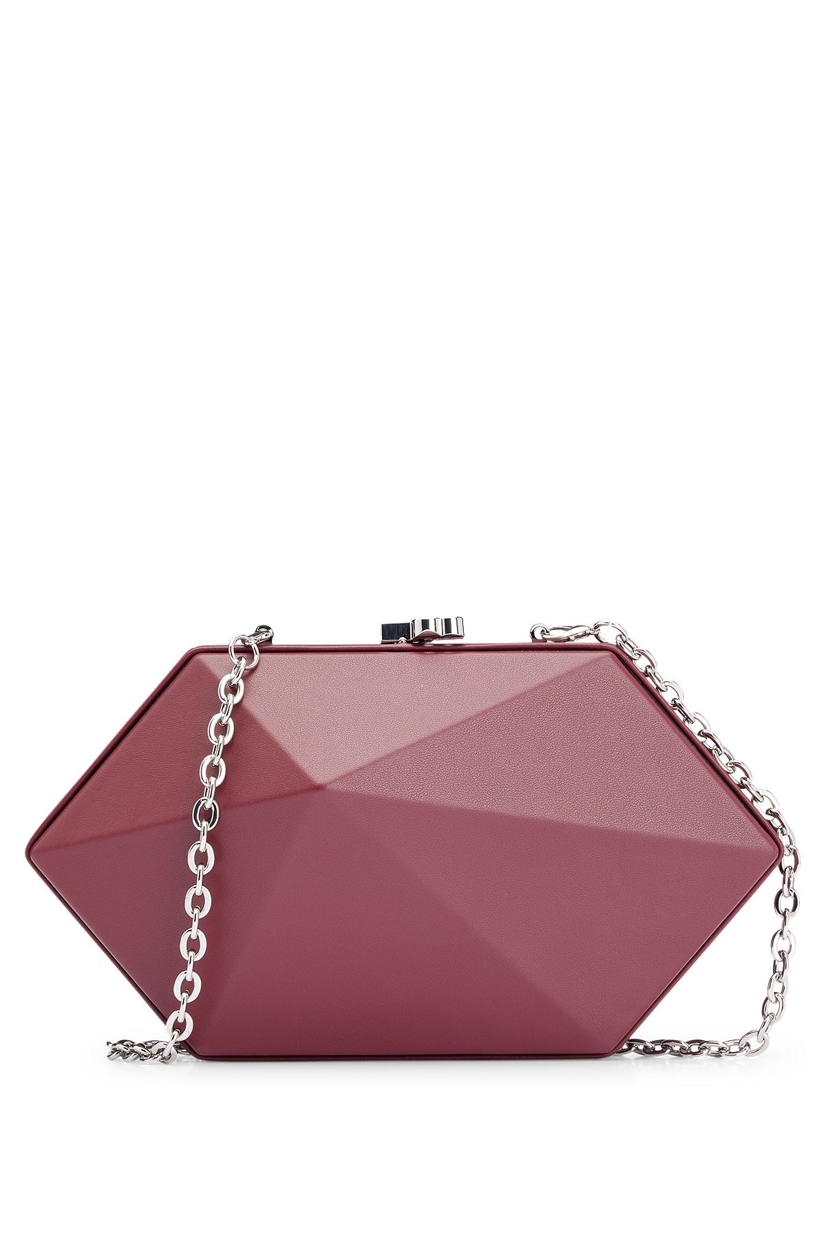 Grained-leather geometric clutch bag with chain strap, Red