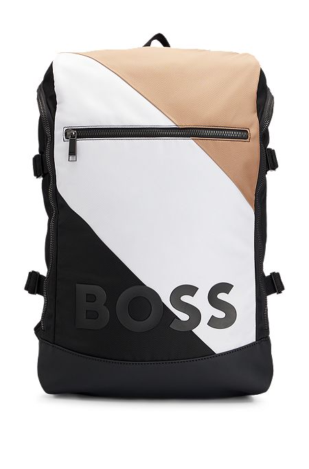 Recycled-material backpack with signature stripe and logo, Patterned