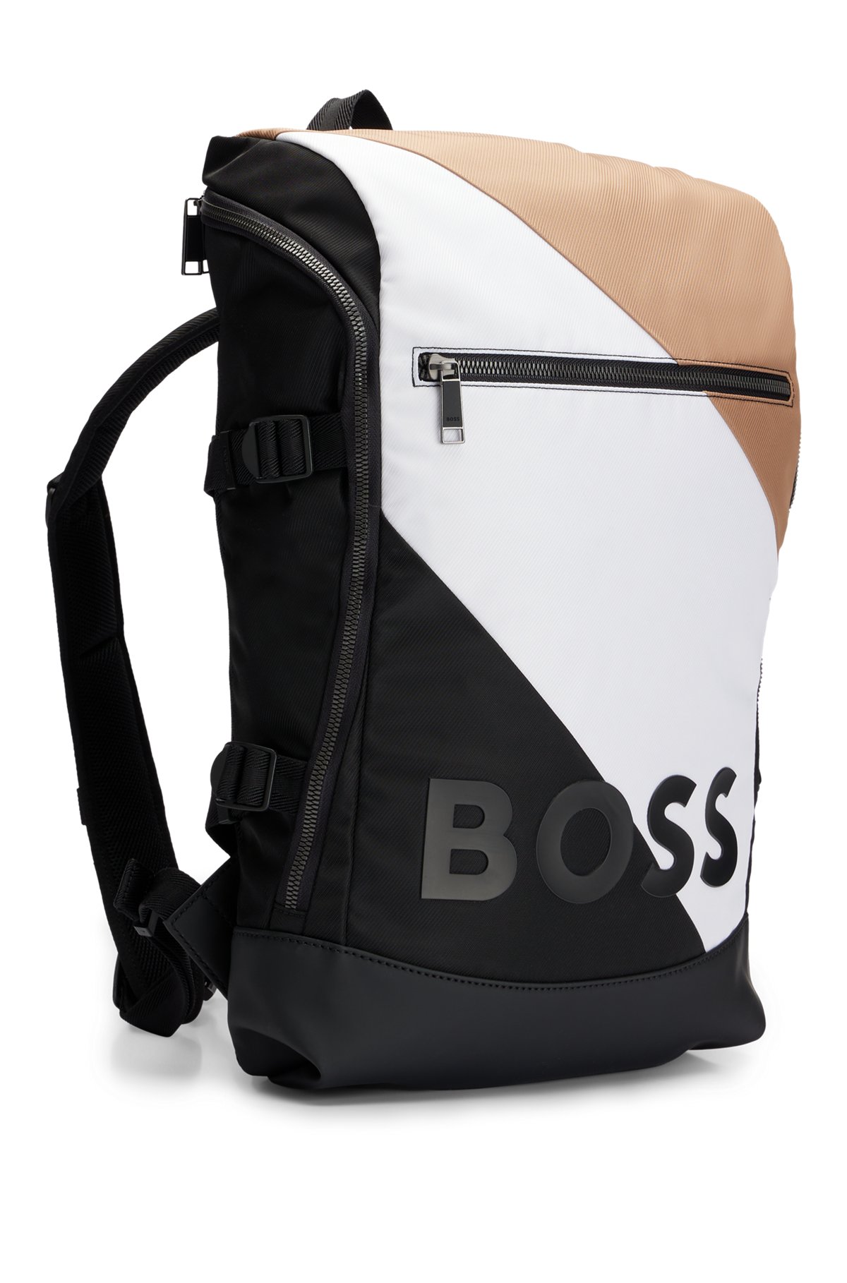 Recycled-material backpack with signature stripe and logo, Patterned