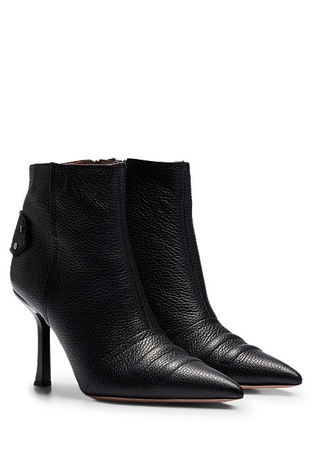 Tumbled-leather boots with 9cm heel and metal trim, Black
