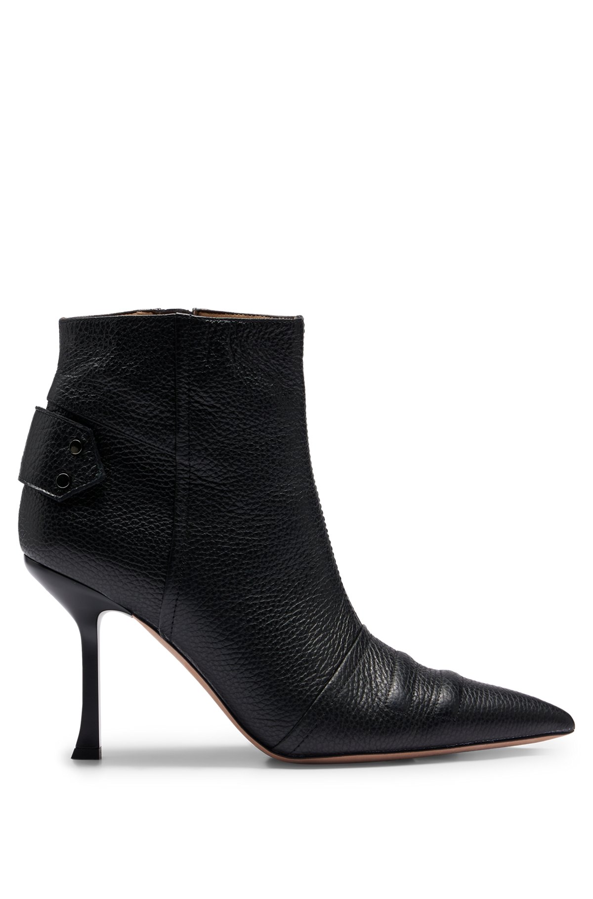 Tumbled-leather boots with 9cm heel and metal trim, Black