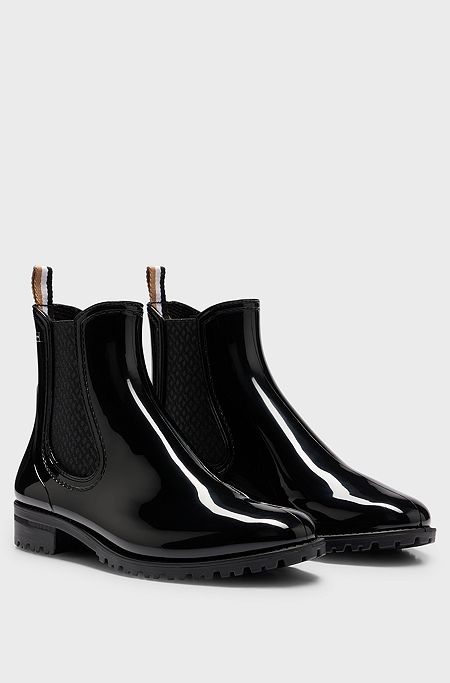 Glossy Chelsea-style rain boots with branded trim, Black