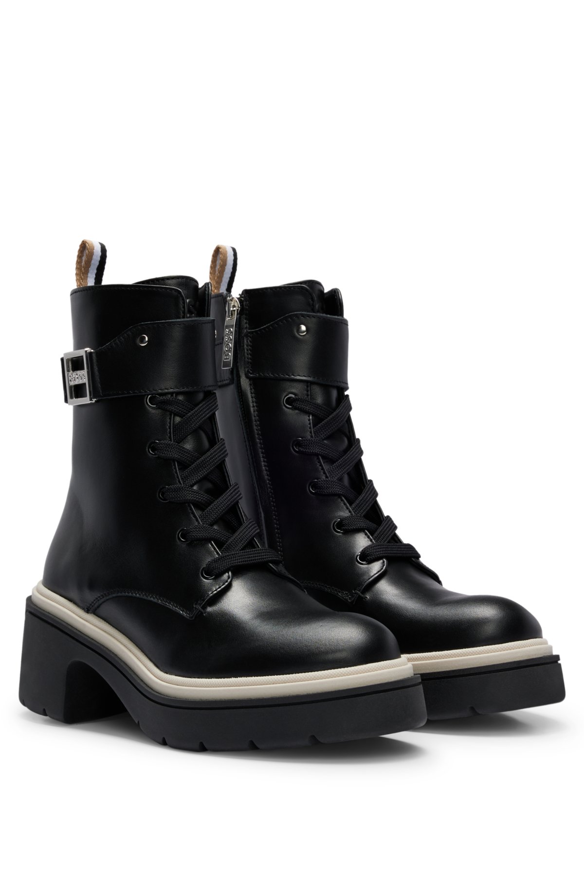 BOSS Chunky-sole leather boots with branded metal detail