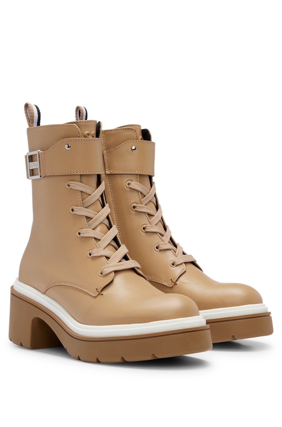 Chunky-sole leather boots with branded metal detail, Beige