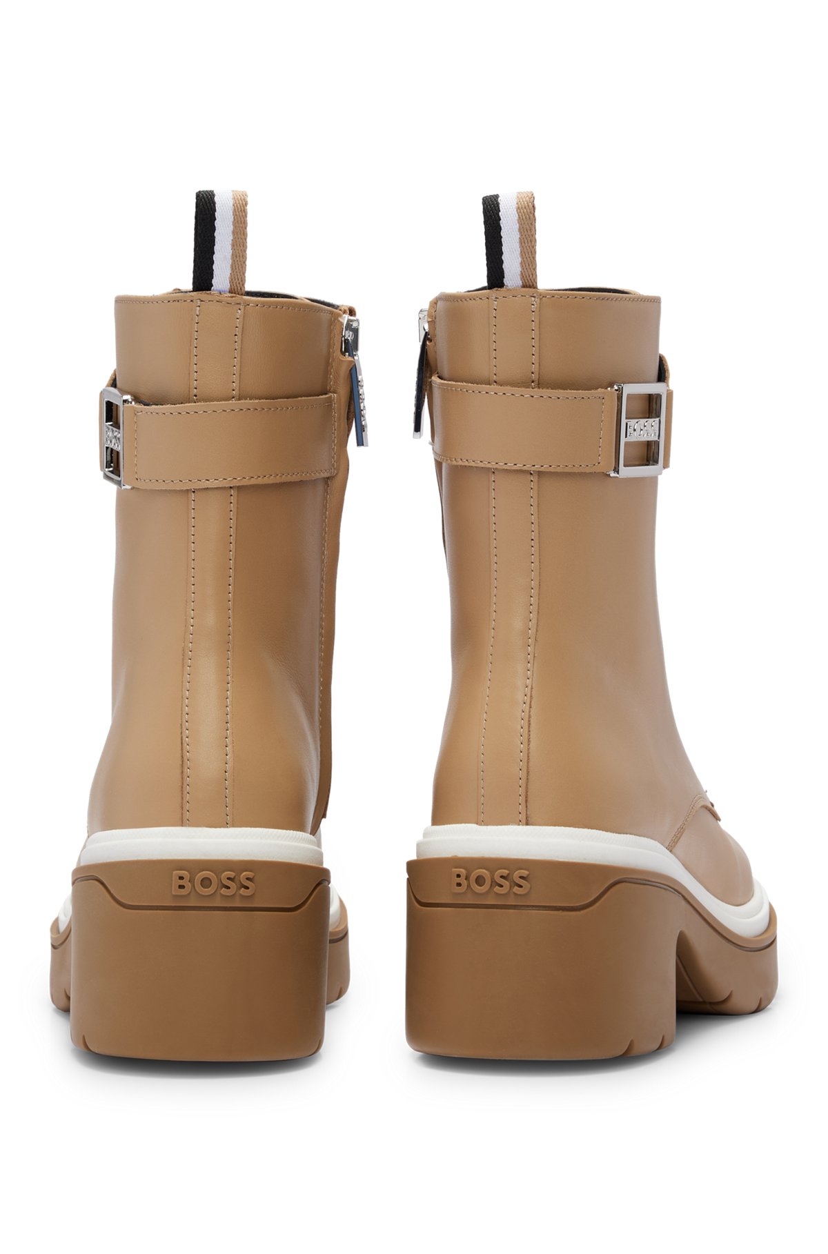 Chunky-sole leather boots with branded metal detail, Beige