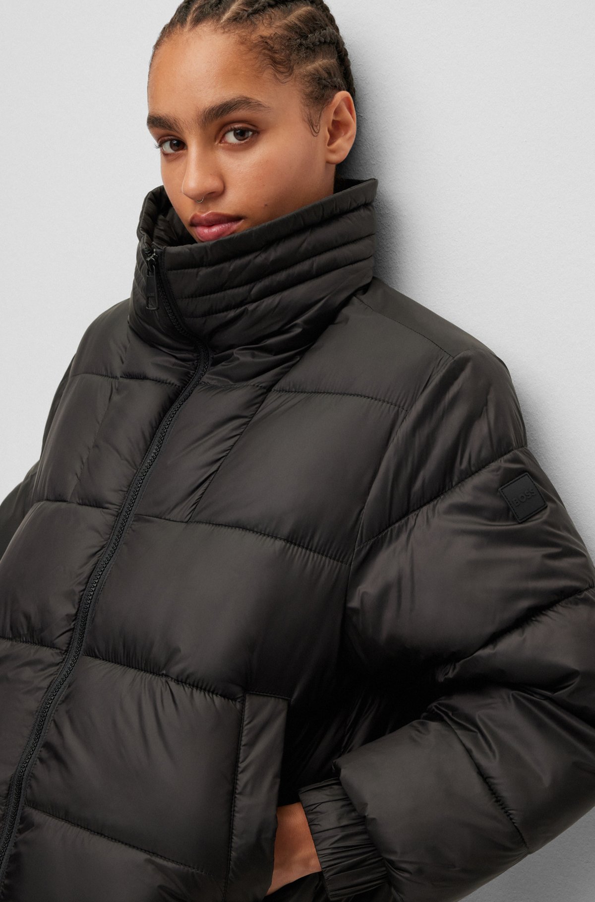 Regular-fit puffer jacket in lustrous fabric, Black